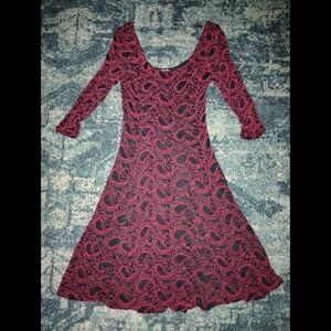 Red Paisley Embroidery Lace A-line Dress with Scoop Neck and 3/4 Sleeves